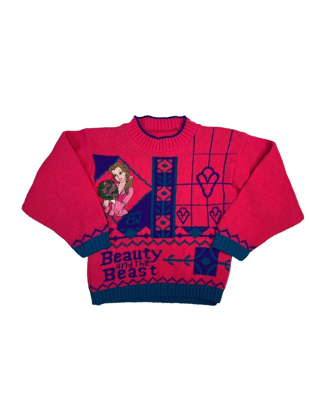 Vintage 90s Disney Beauty and the Beast Pink & Navy Graphic Knit Sweater RARE